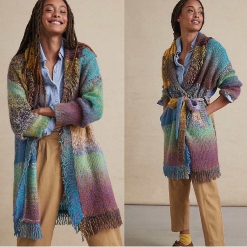Anthropologie Greylin Oversized Rainbow Knit Fringe Open Front Wrap Sweater S - Picture 2 of 16